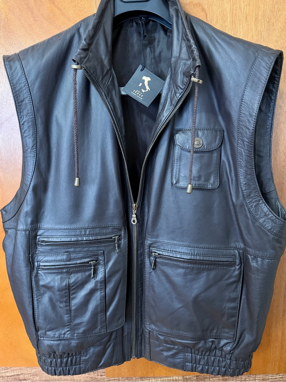 Men's Brown Leather Hooded Vest with Multiple Pockets
